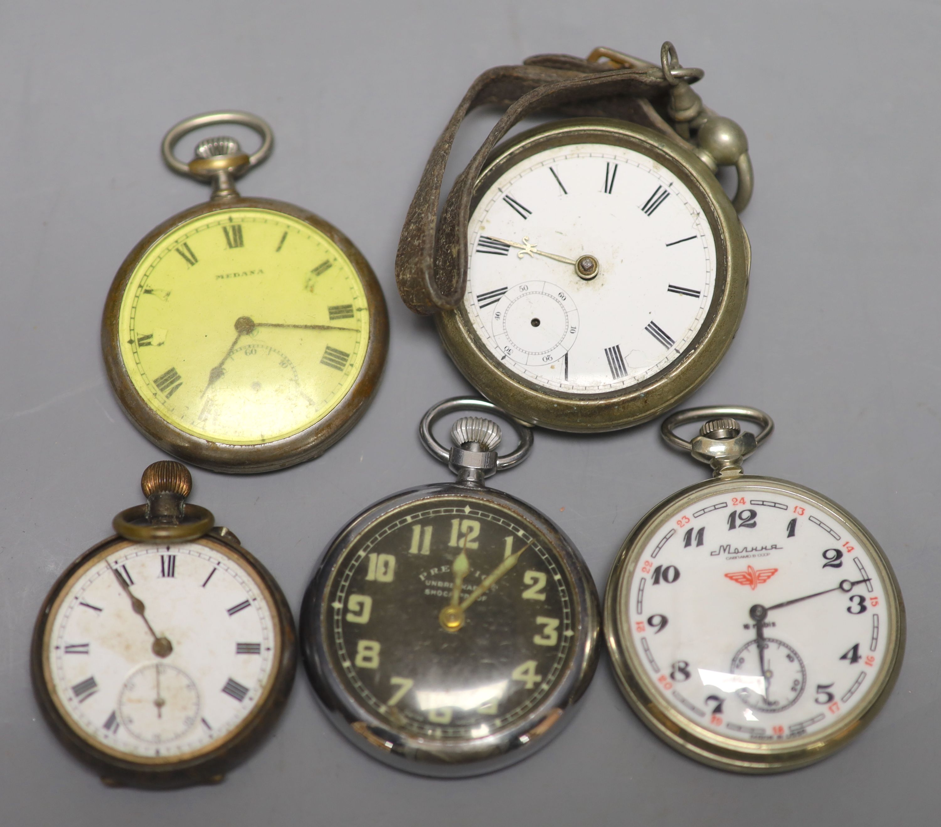 Five assorted base metal pocket watches including Medana(a.f.).